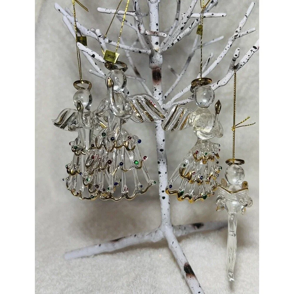 Clear Glass Gold Outlined Christmas Tree 3”‎ Angel Ornaments Lot of 4 -READ